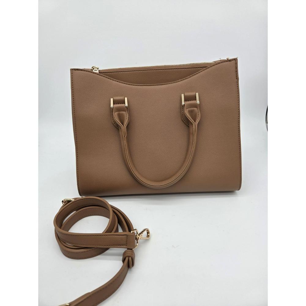MIZTIQUE Two Handle Brown Satchel Faux Leather Crossbody Large Compartments NEW